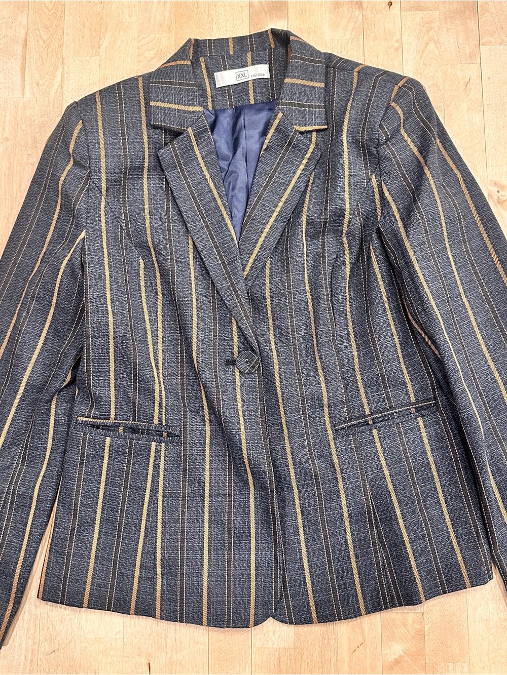 Striped Navy and Tan Women's Blazer - Classic Single-Breasted Jacket